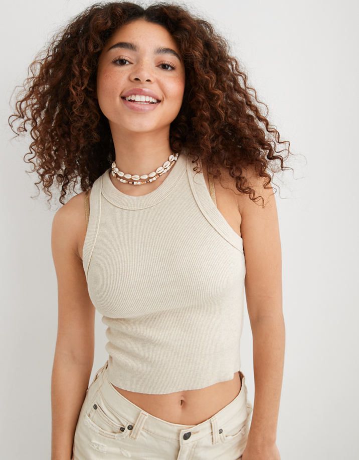 Beach-Ready Vibes: Cropped Racerback Tank with Cream Pants — Tank Tops