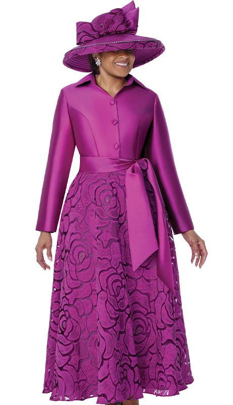 Magenta Satin and Lace Fit-and-Flare Midi Dress with Hat Magenta Satin and Lace Fit-and-Flare Midi Dress with Hat — Church Dresses