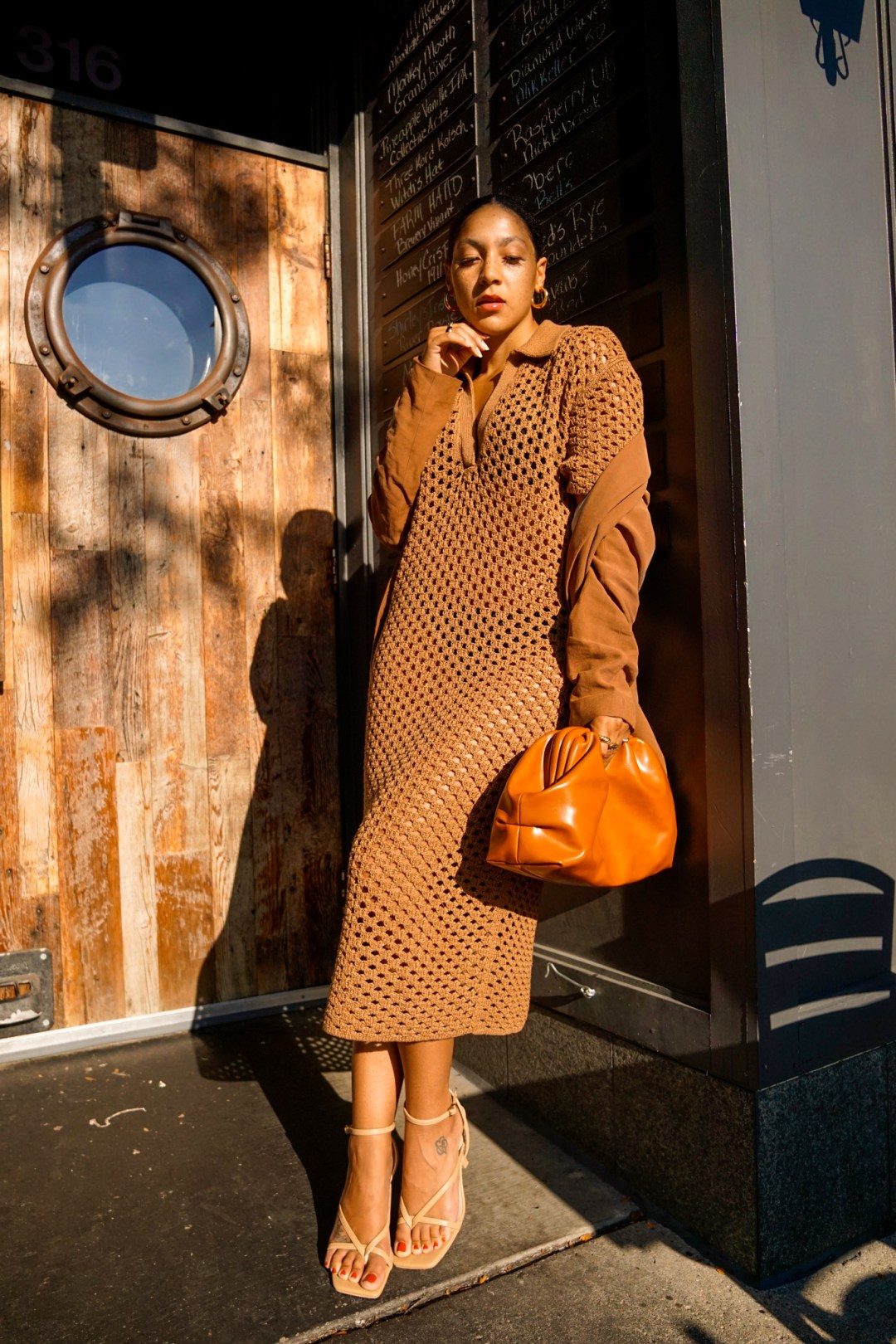 Brown Crochet Midi Dress Layered with Open-Knit Cardigan Brown Crochet Midi Dress Layered with Open-Knit Cardigan — Crochet Outfits