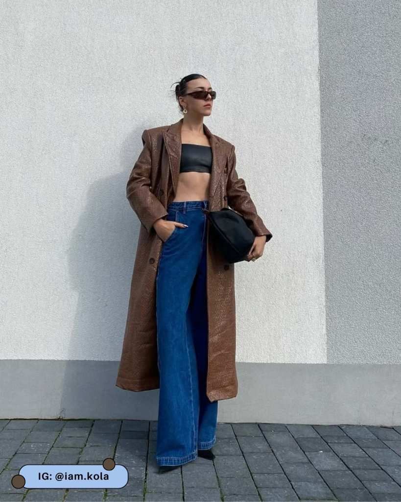 Black Bandeau Top with Trench Coat and Wide-Leg Jeans Black Bandeau Top with Trench Coat and Wide-Leg Jeans — Tube Top Outfits