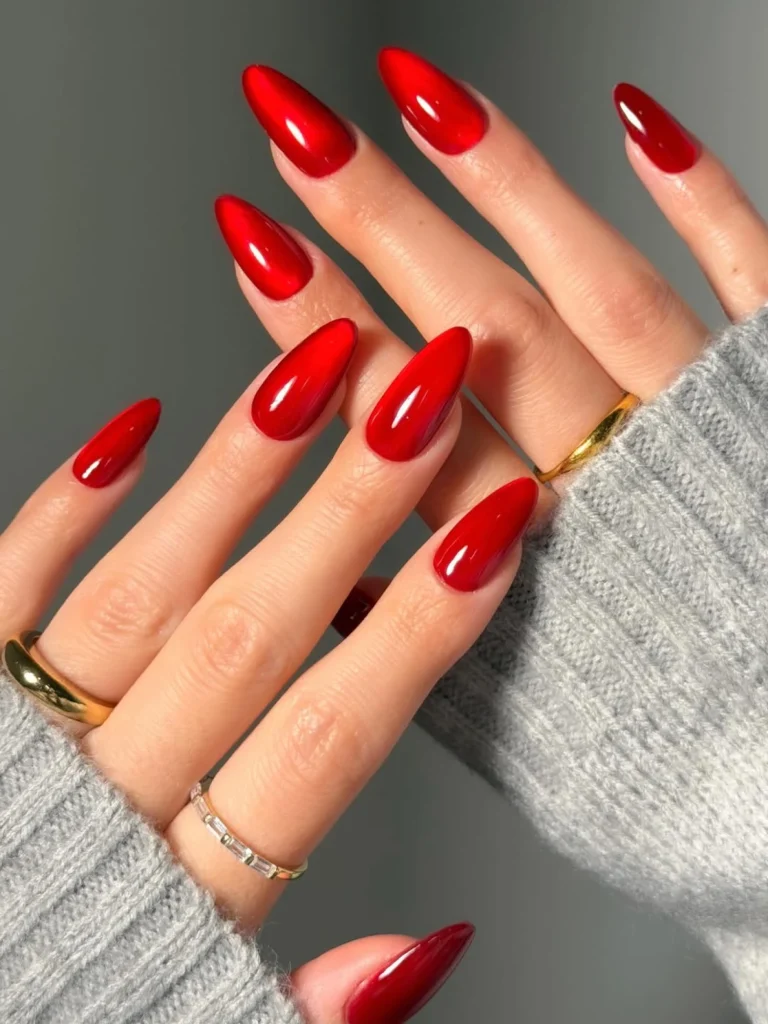 Medium Almond Glossy Red Cat-Eye — Realtor Nails