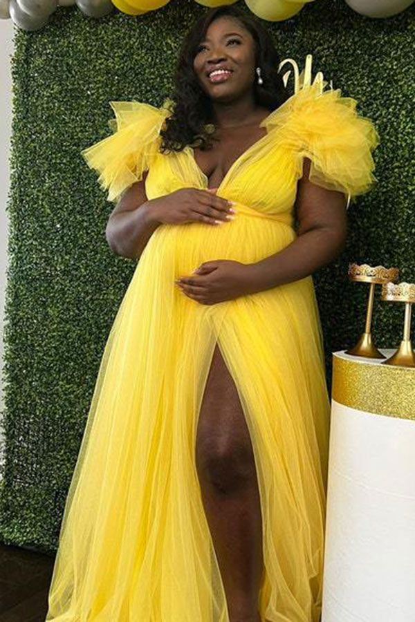 Vibrant Yellow Tulle Gown with Ruffled Sleeves and High Slit for a Festive Baby Shower Vibrant Yellow Tulle Gown with Ruffled Sleeves and High Slit for a Festive Baby Shower — Baby Shower Dresses