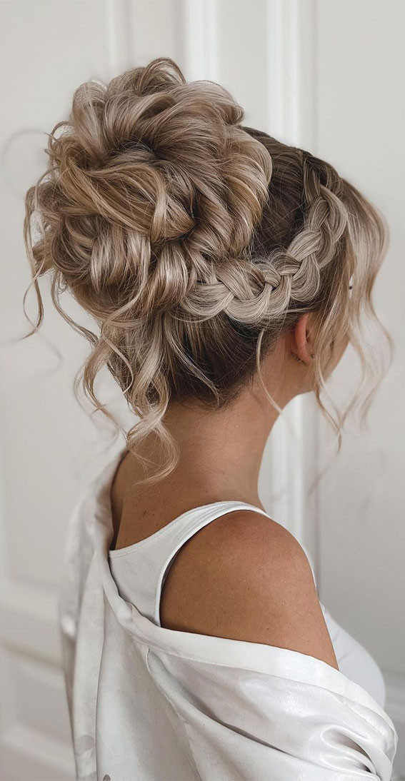 Ash Blonde High Bun With Braided Curls Ash Blonde High Bun With Braided Curls — Prom Hairstyles for Long Hair