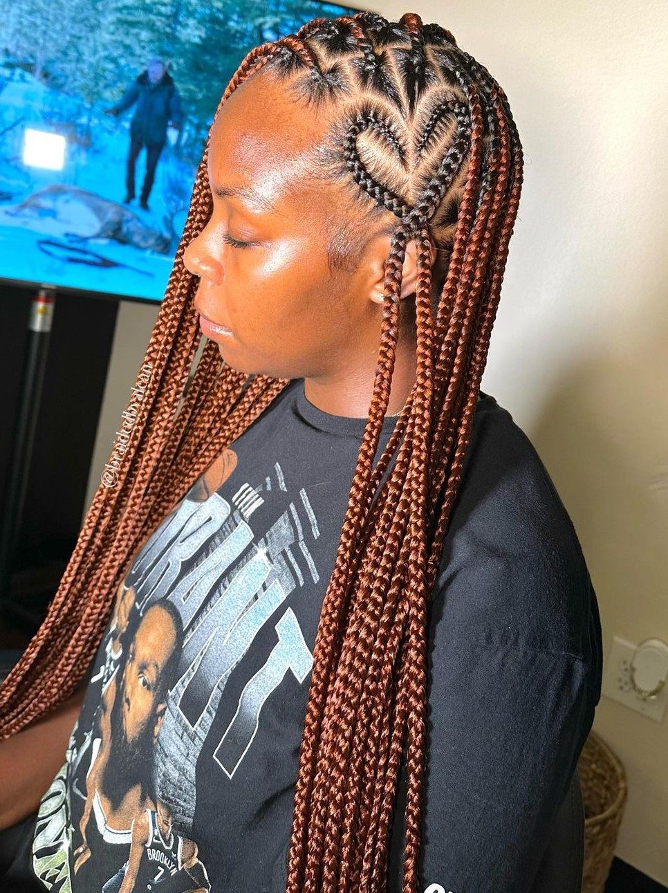 Rich Brown Braids With Heart Design — Medium Knotless Braids