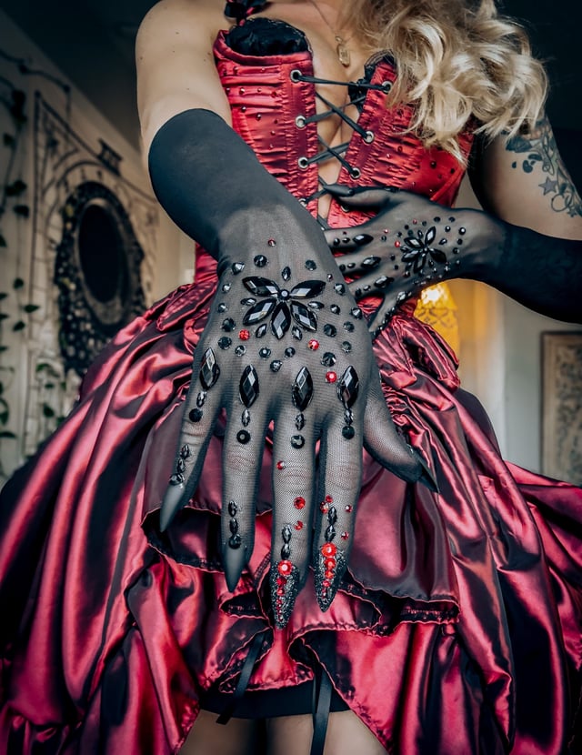 Rhinestone-Encrusted Black Gloves with Red Satin Corset Rhinestone-Encrusted Black Gloves with Red Satin Corset — Vampire Aesthetic Outfits