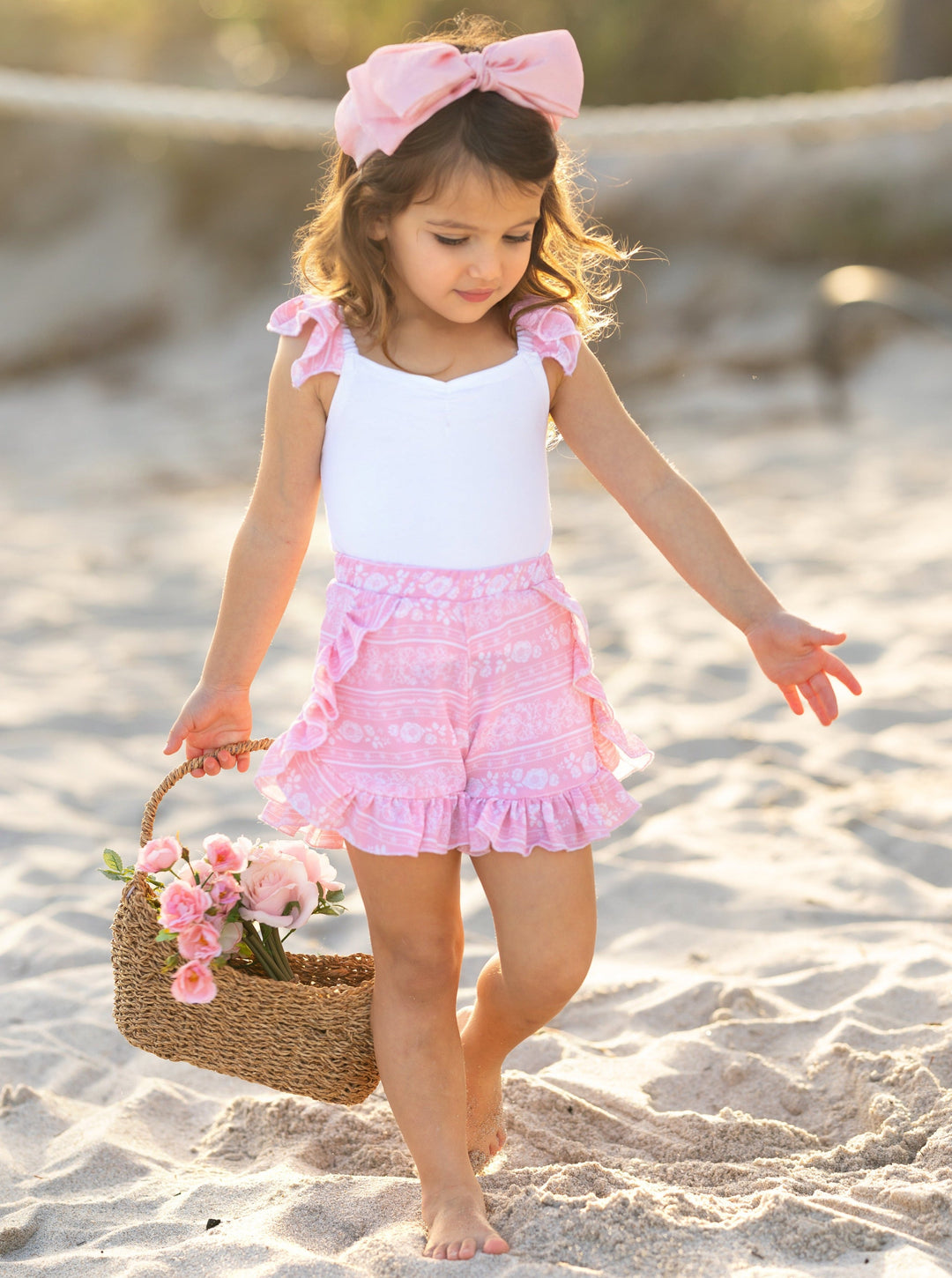 White Ruffled Top and Pink Patterned Shorts for Summer White Ruffled Top and Pink Patterned Shorts for Summer — Little Girl Outfits