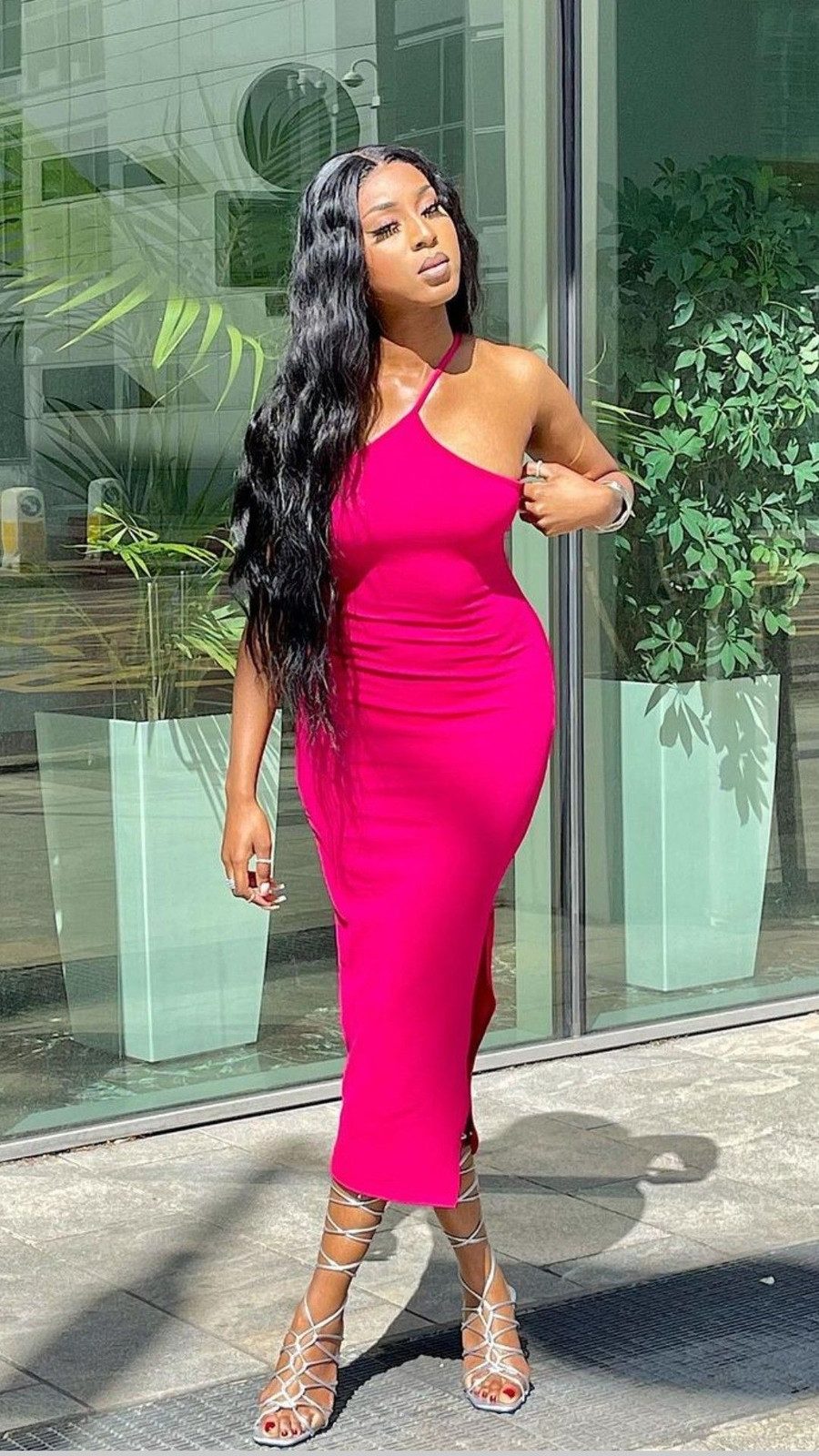 Fuchsia Halter Neck Bodycon Midi in Ribbed Knit — Bodycon Dresses