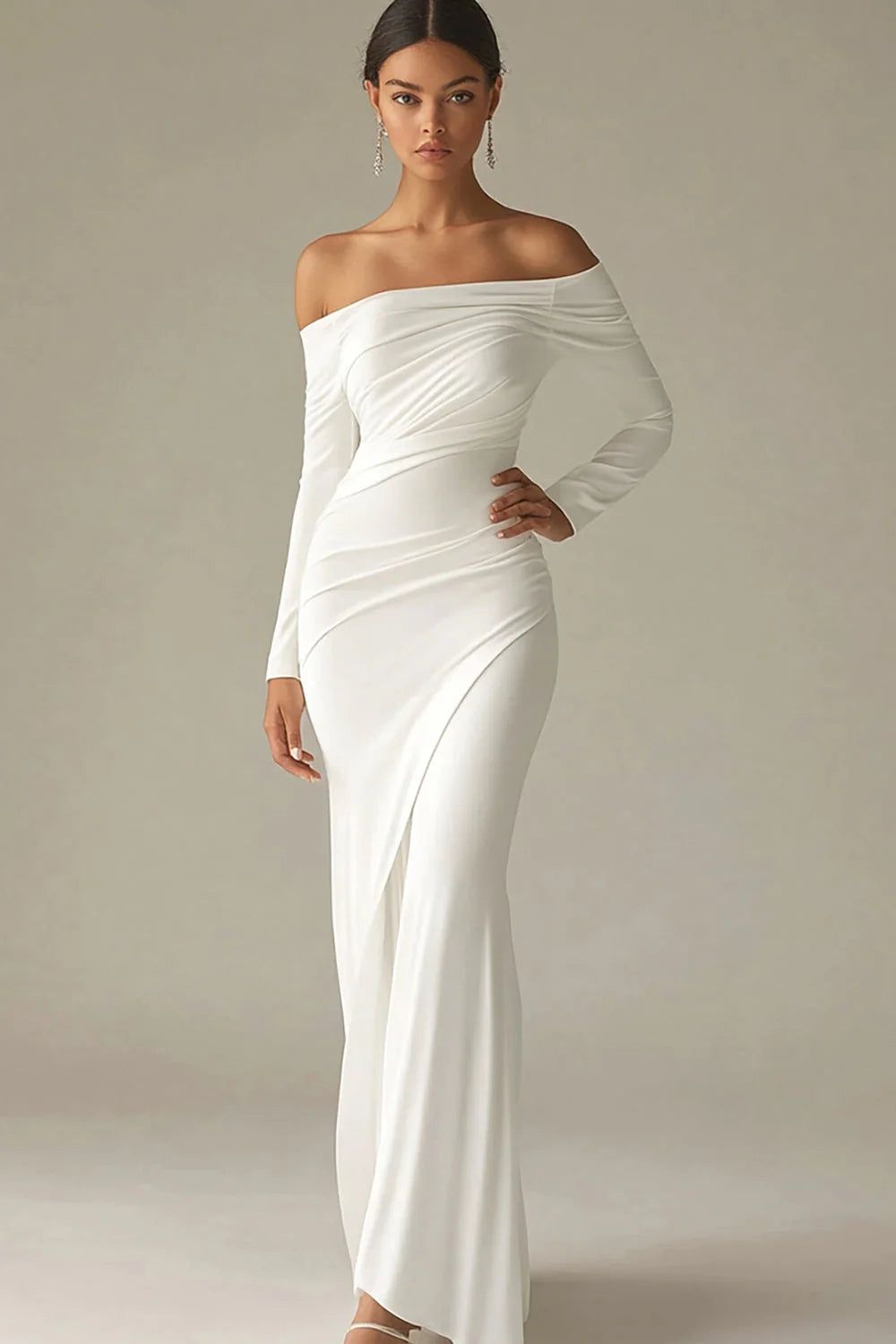 White Off-the-Shoulder Long Sleeve Dress with Mermaid Skirt — Rehearsal Dinner Dresses