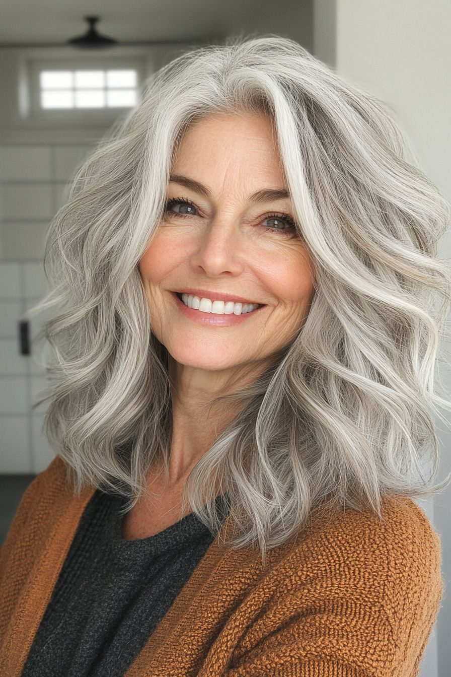 Wavy Medium Density Natural Grey With Silver White Highlights Wavy Medium Density Natural Grey With Silver White Highlights — Highlights Over 60