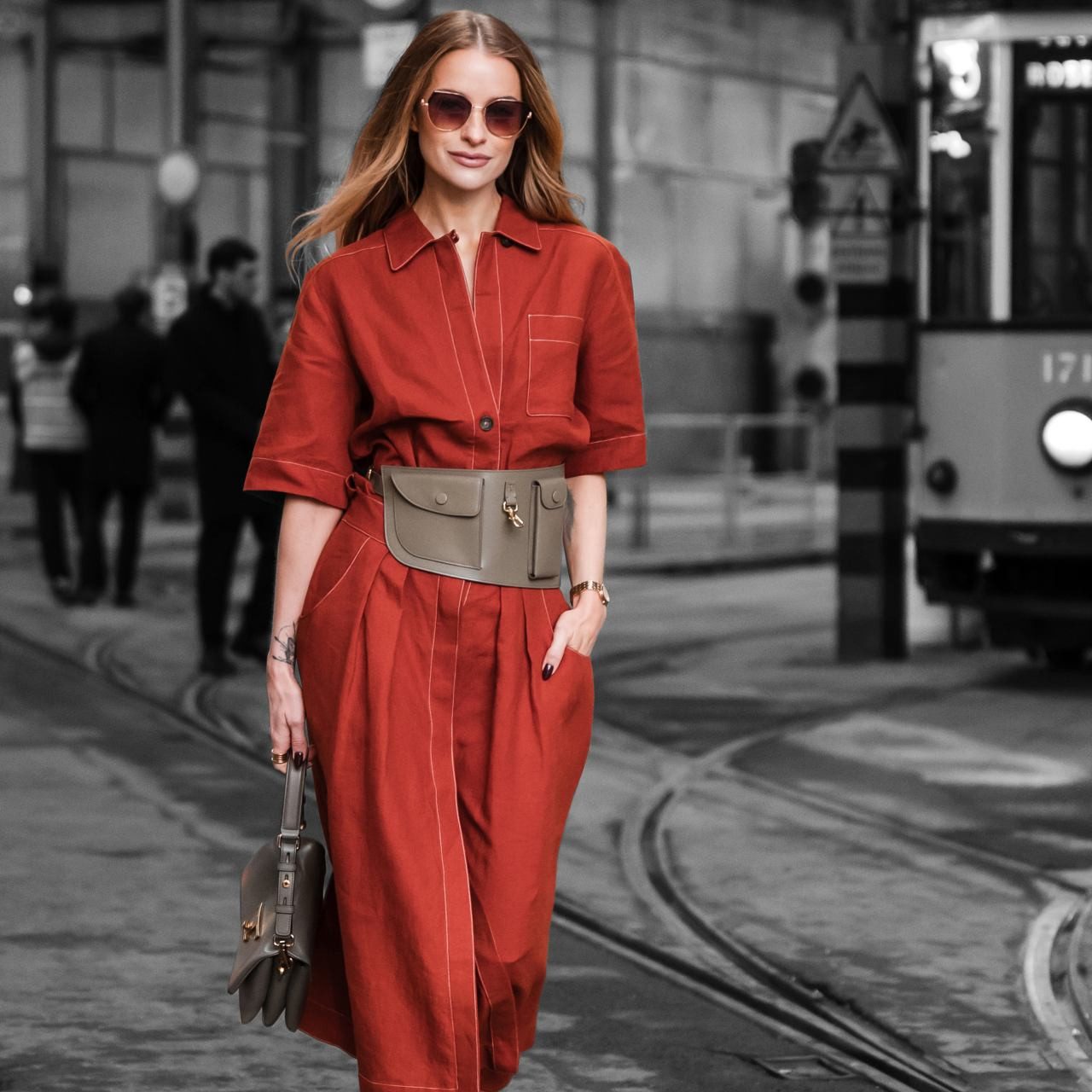 Rust Orange Shirt Dress Paired with a Utility Belt Bag — Shirt Dress Outfits