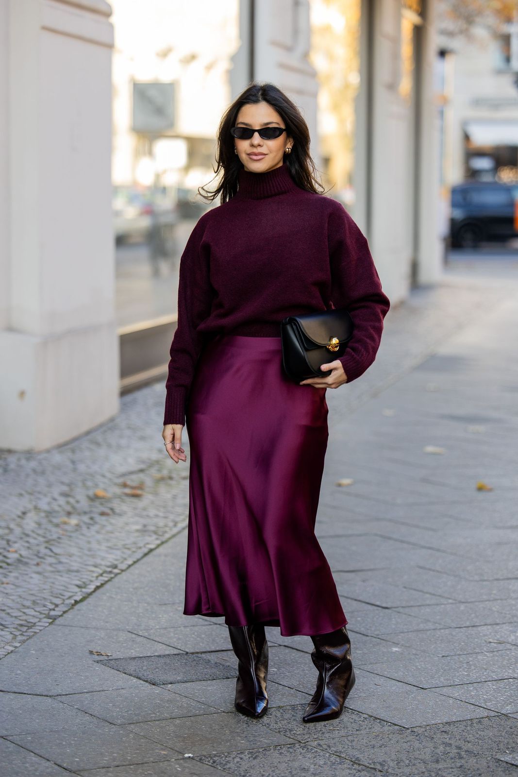 Burgundy Satin Midi Skirt with Matching Turtleneck Sweater Burgundy Satin Midi Skirt with Matching Turtleneck Sweater — Satin Skirt Outfits