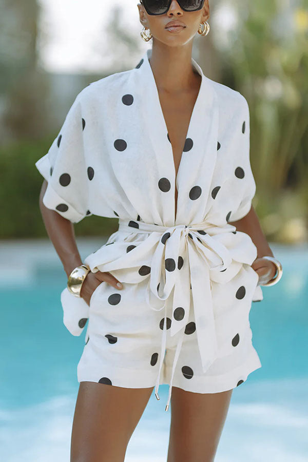 White Polka Dot Kimono Top and Shorts Set for Resort White Polka Dot Kimono Top and Shorts Set for Resort — Two Piece Outfits