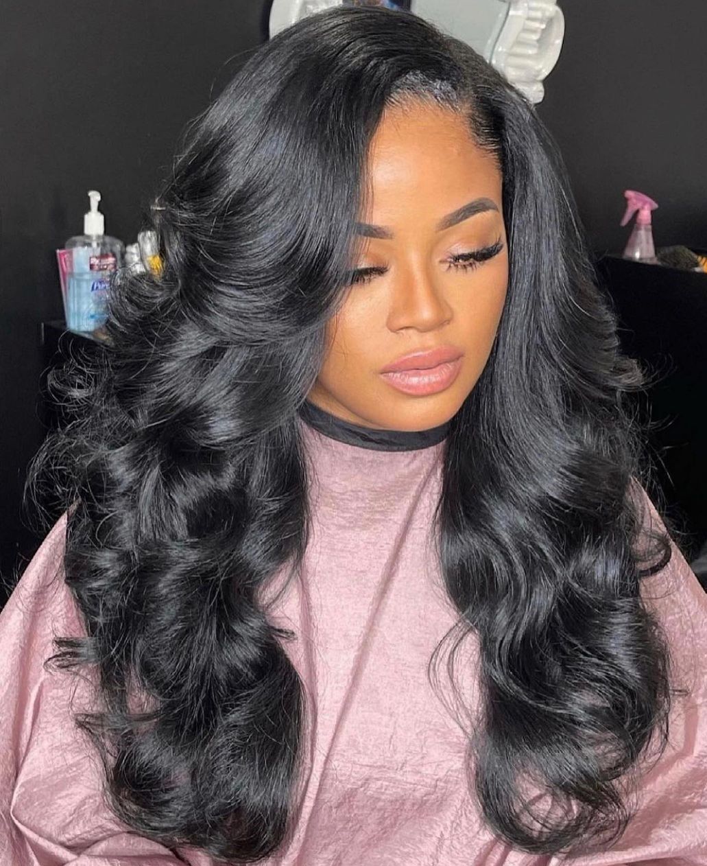 Glamorous Black Curls With Side Part Glamorous Black Curls With Side Part — Frontal Sew In