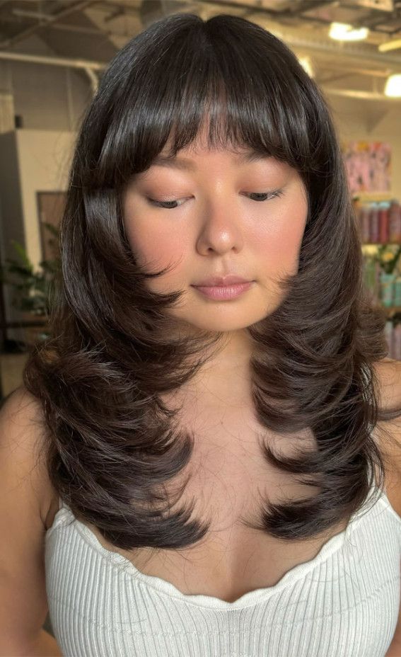 Shoulder Shag With Blunt Fringe — Haircuts for Chubby Faces
