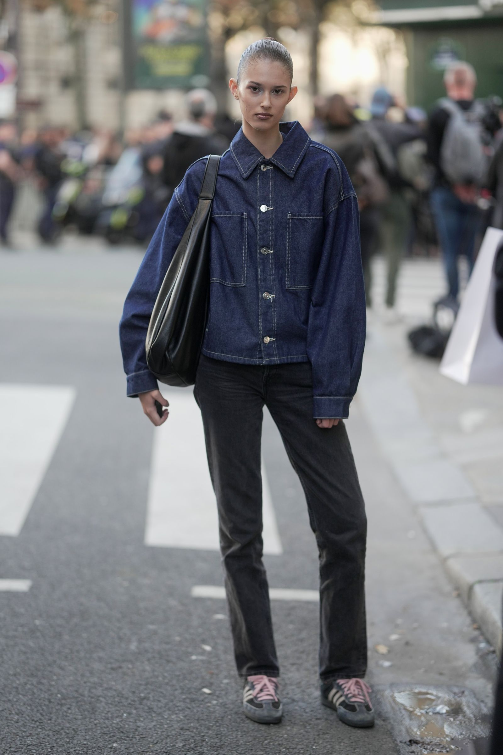 Dark Wash Oversized Denim Jacket with Grey Jeans and Pink Sneakers Dark Wash Oversized Denim Jacket with Grey Jeans and Pink Sneakers — Denim Jackets