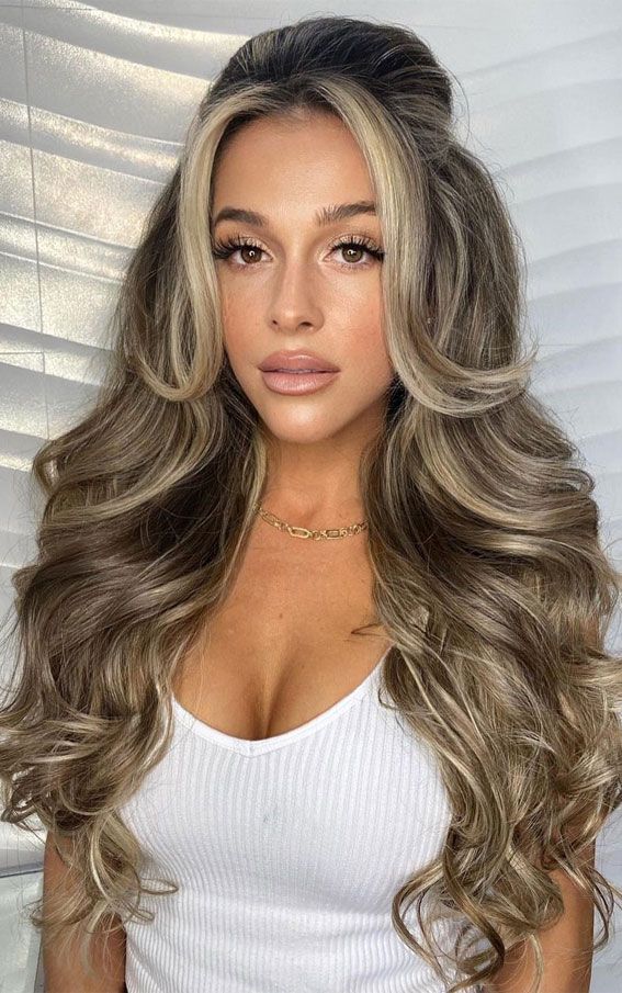 Voluminous Waves With Face-Framing Bangs Voluminous Waves With Face-Framing Bangs — Half Up Half Down with Bangs