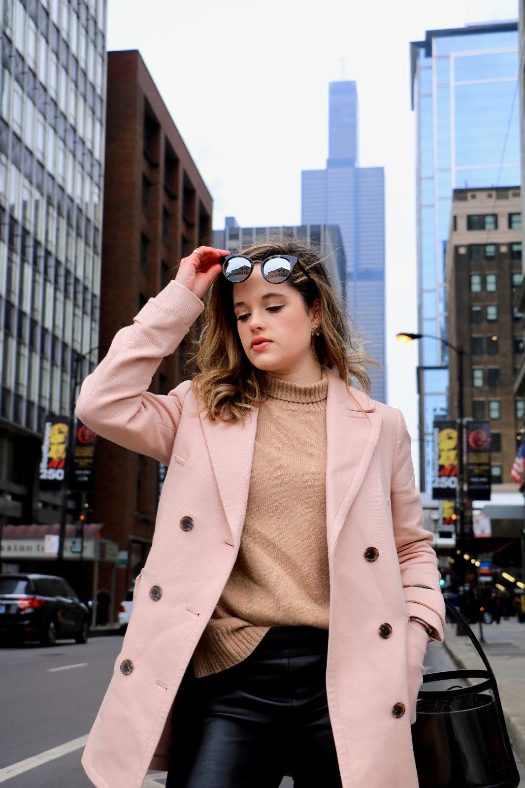 Chic Pink Coat Elevates Leather Pants and Turtleneck Chic Pink Coat Elevates Leather Pants and Turtleneck — Chicago Outfits