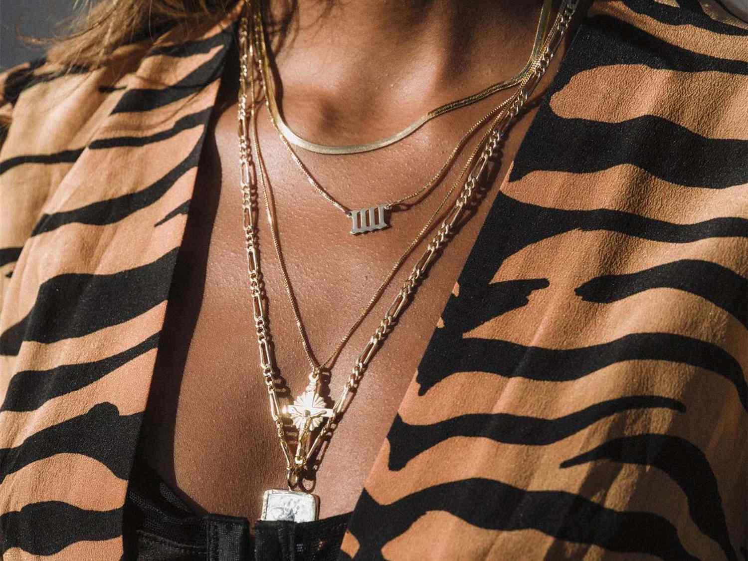 Tiger Print Jacket and Charm Necklaces for Casual Cool Tiger Print Jacket and Charm Necklaces for Casual Cool — Layered Necklaces