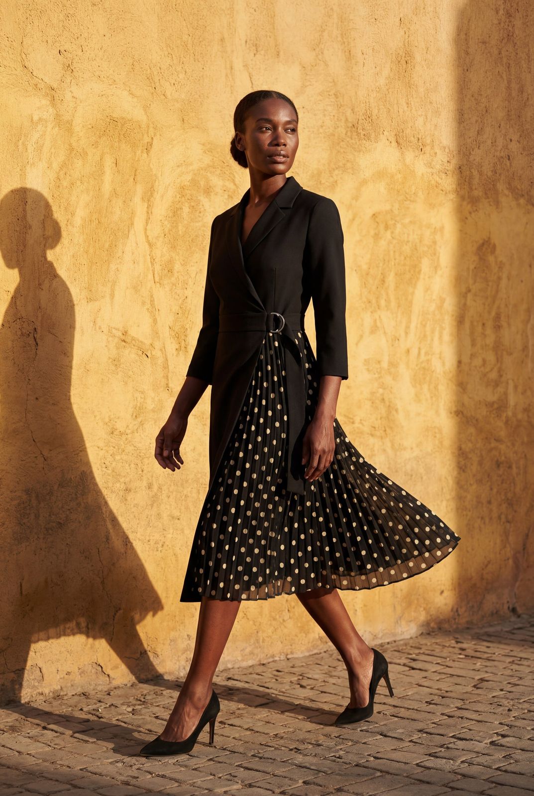 Chic Black Blazer Dress with Gold Polka Dots for a Statement Interview Chic Black Blazer Dress with Gold Polka Dots for a Statement Interview — Interview Dresses