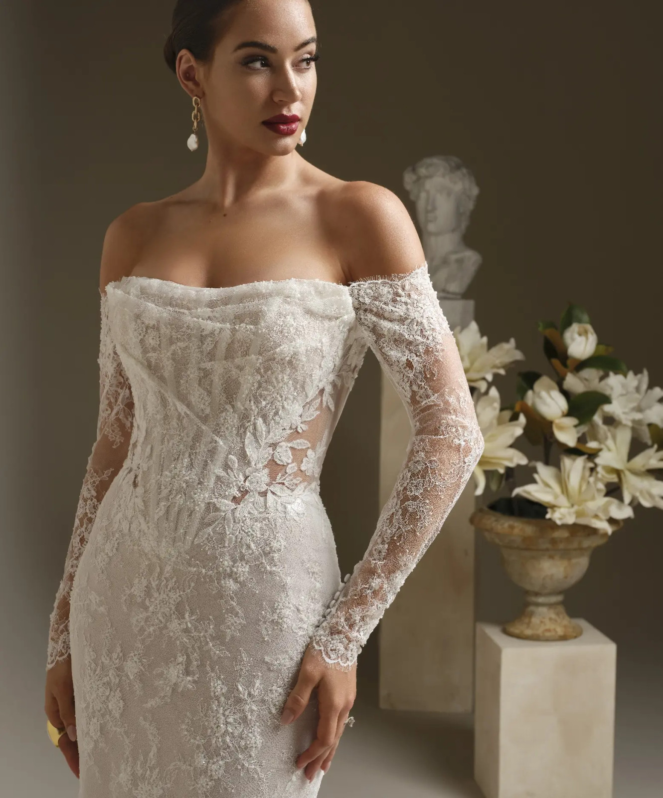 White Off-the-Shoulder Lace Bridal Dress with Long Sleeves White Off-the-Shoulder Lace Bridal Dress with Long Sleeves — Lace Dresses