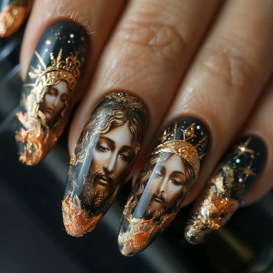 Black Background Jesus and Mary Portrait Nails Black Background Jesus and Mary Portrait Nails — Church Nails