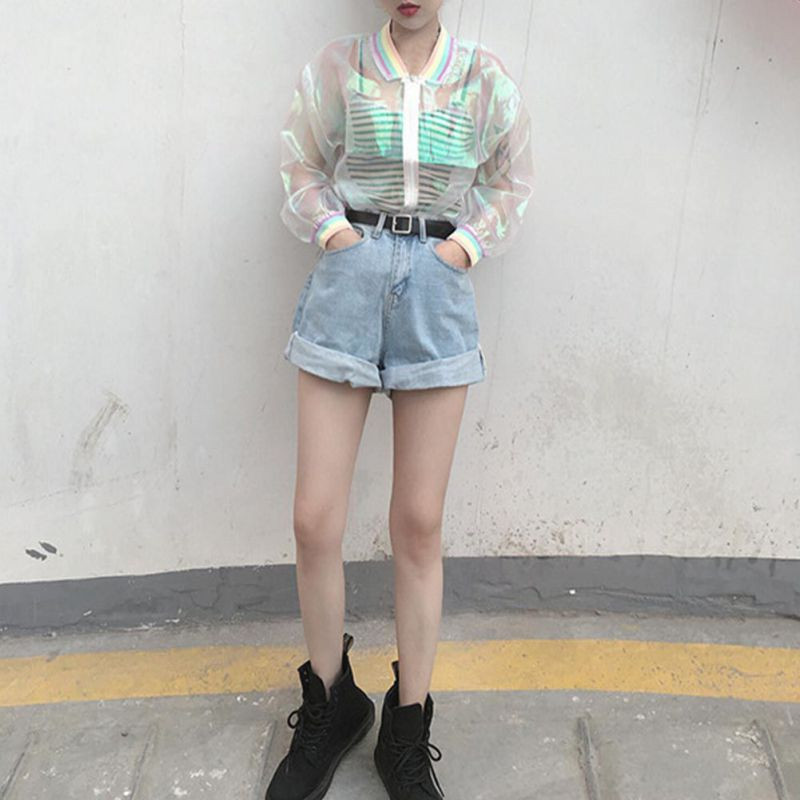 Holographic Sheer Jacket with Denim Shorts for a Y2K Vibe Holographic Sheer Jacket with Denim Shorts for a Y2K Vibe — Tumblr Outfits