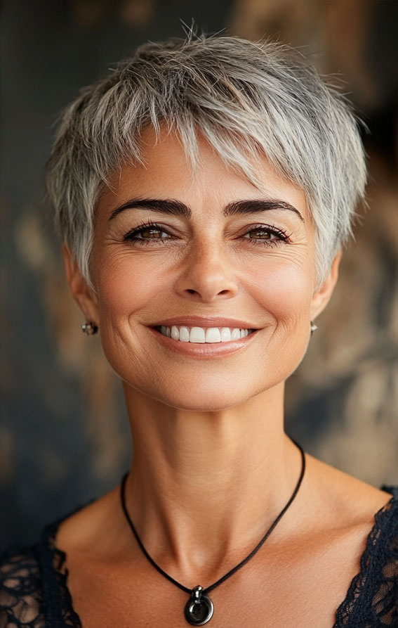 Textured Grey Pixie With Feathered Fringe Textured Grey Pixie With Feathered Fringe — Pixie Cut for Women Over 50