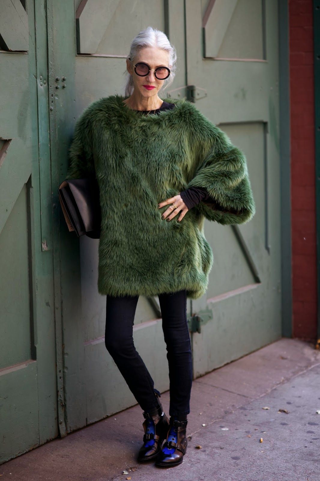 Bold Statement: Green Faux Fur Sweater with Fitted Pants — Grandma Outfits