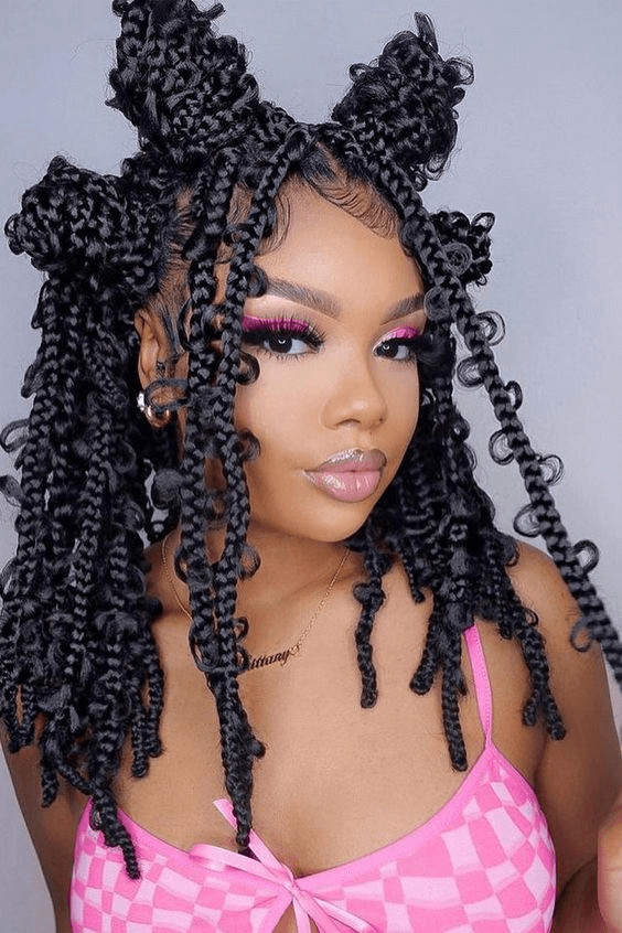 Black Box Braids With Curly Tendrils and Buns Black Box Braids With Curly Tendrils and Buns — Goddess Box Braids