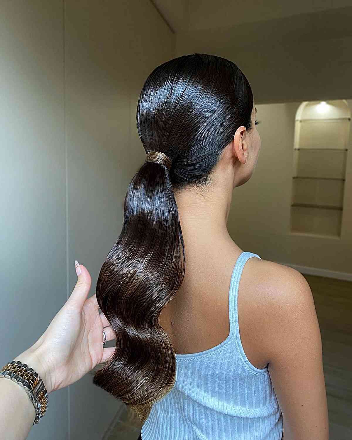 Dark Brown Ponytail With High Shine Waves — Sleek Low Ponytail