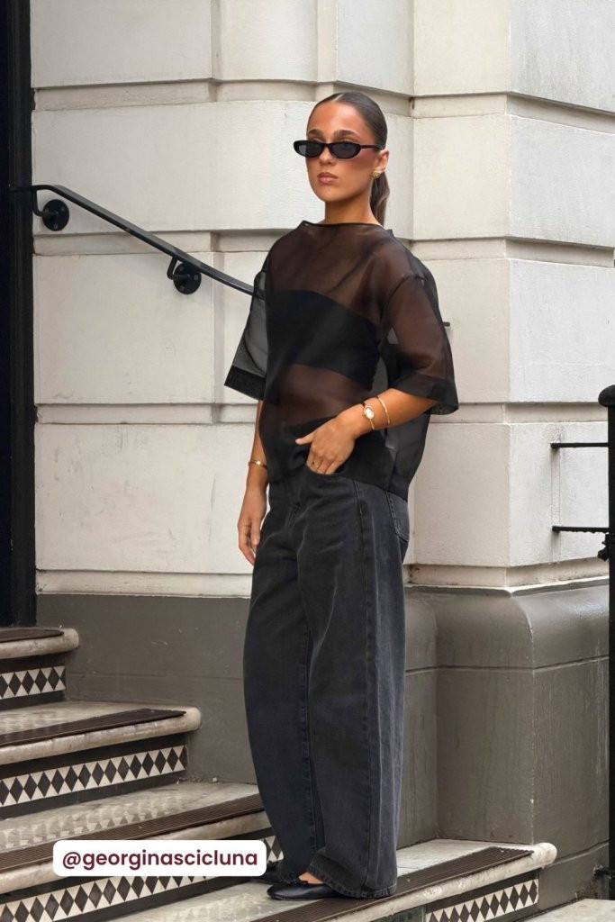 Sheer Black Top with Grey Wide-Leg Denim — Sheer Top Outfits