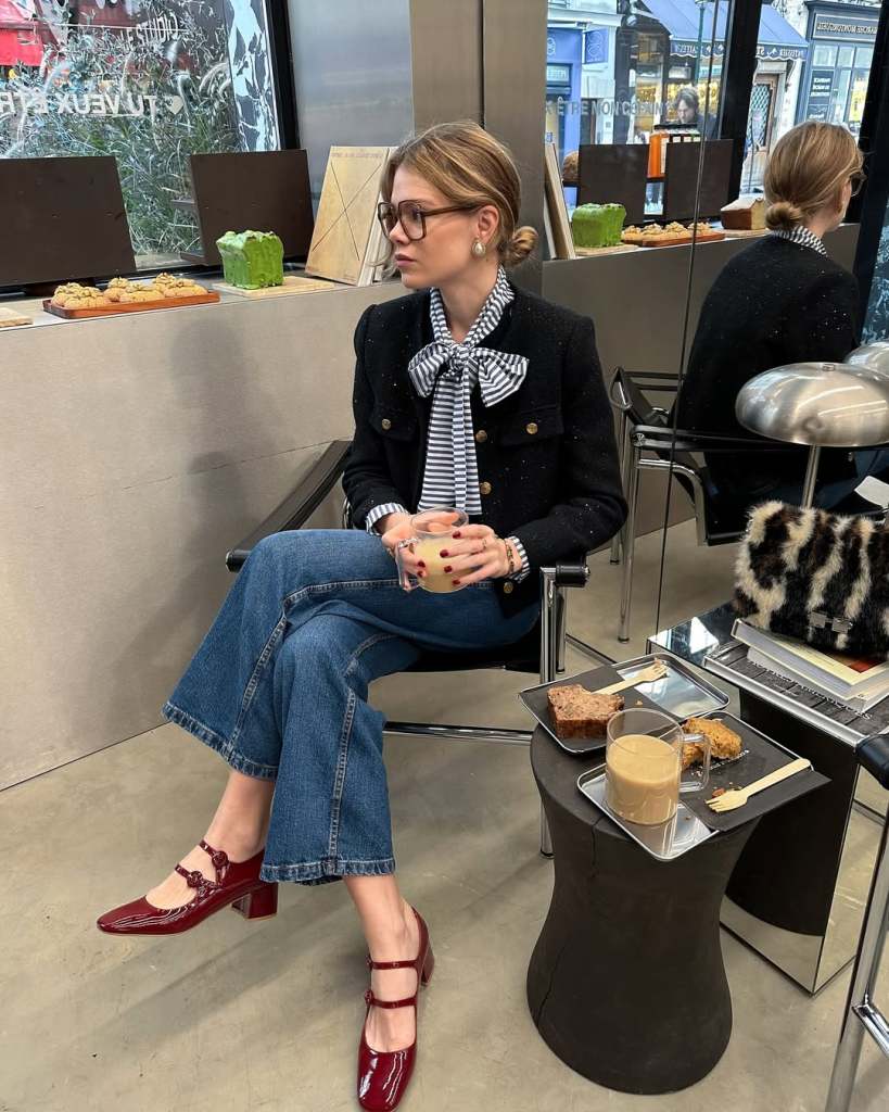 Casual Chic: Red Mary Janes with Tweed Jacket and Striped Blouse Casual Chic: Red Mary Janes with Tweed Jacket and Striped Blouse — Mary Jane Outfits