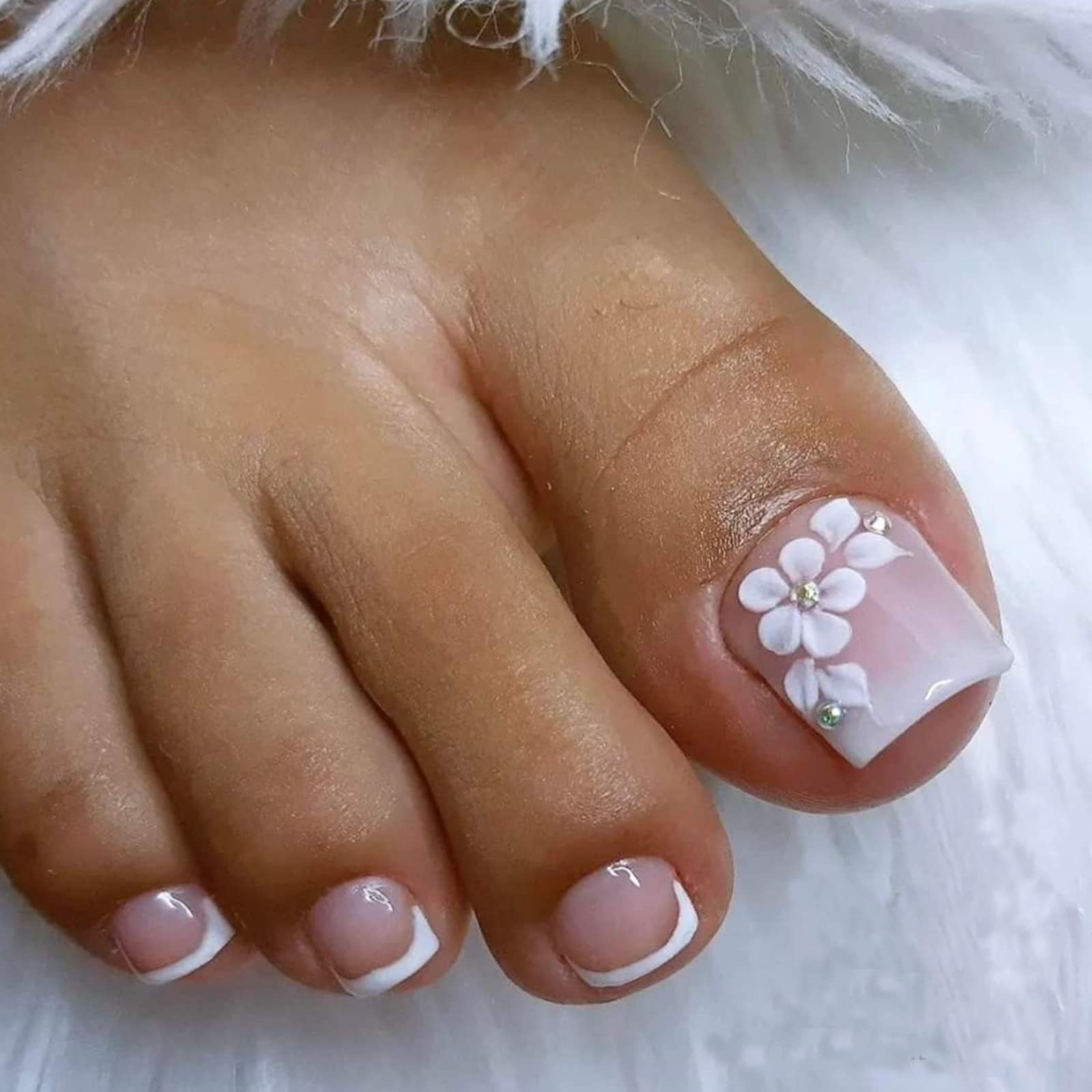 QINGGE Pink Square Fake Toenails with Flowers & Rhinestones | Acrylic Toe Nails for Women - 24pcs