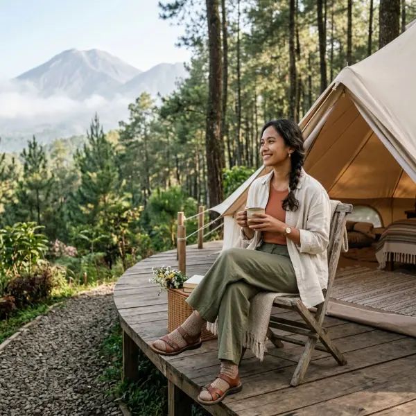 Earthy Tones: Relaxed Linen Shirt and Wide-Leg Pants — Glamping Outfits