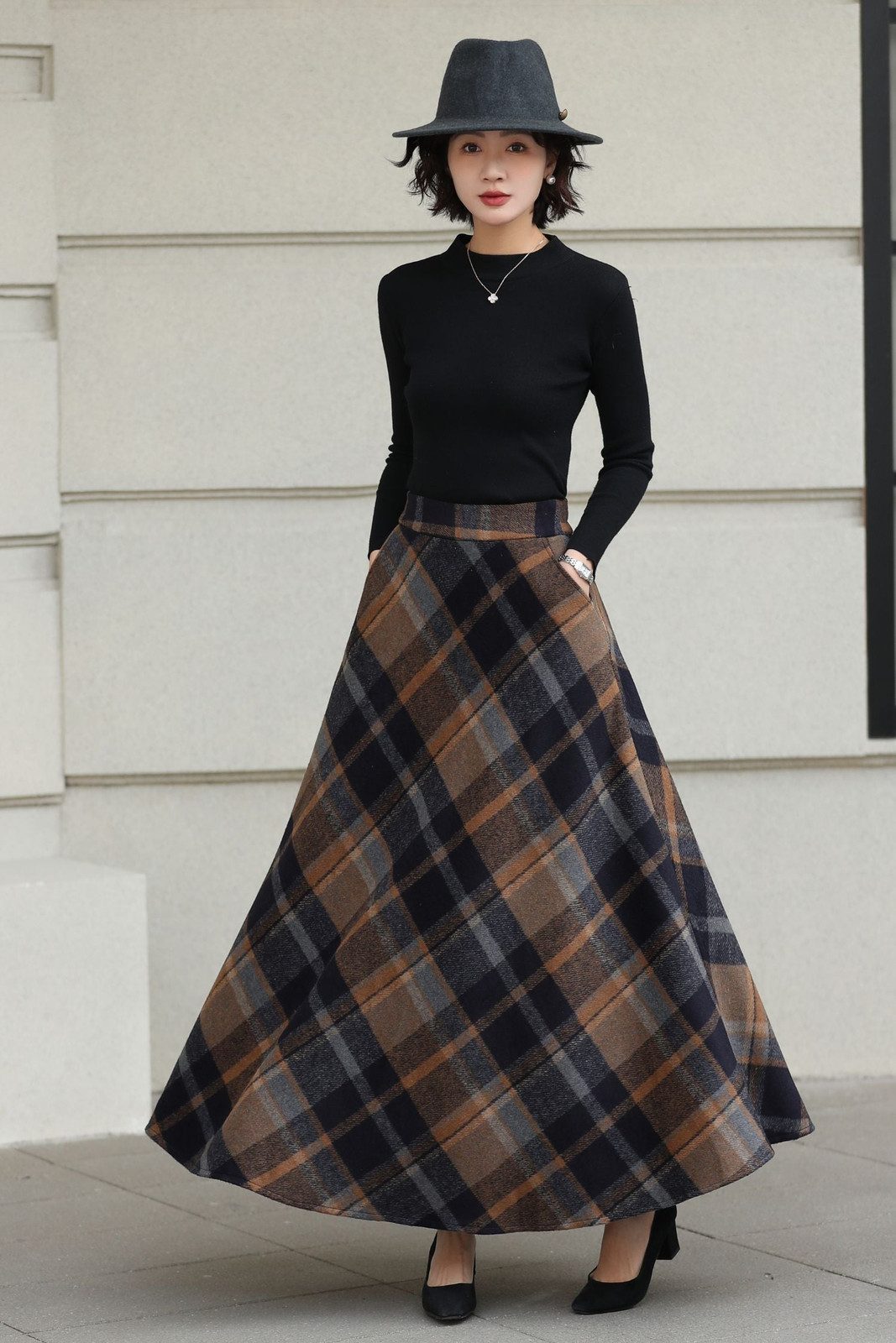 Cozy Plaid A-Line Maxi Skirt for Winter Casual — A Line Skirts