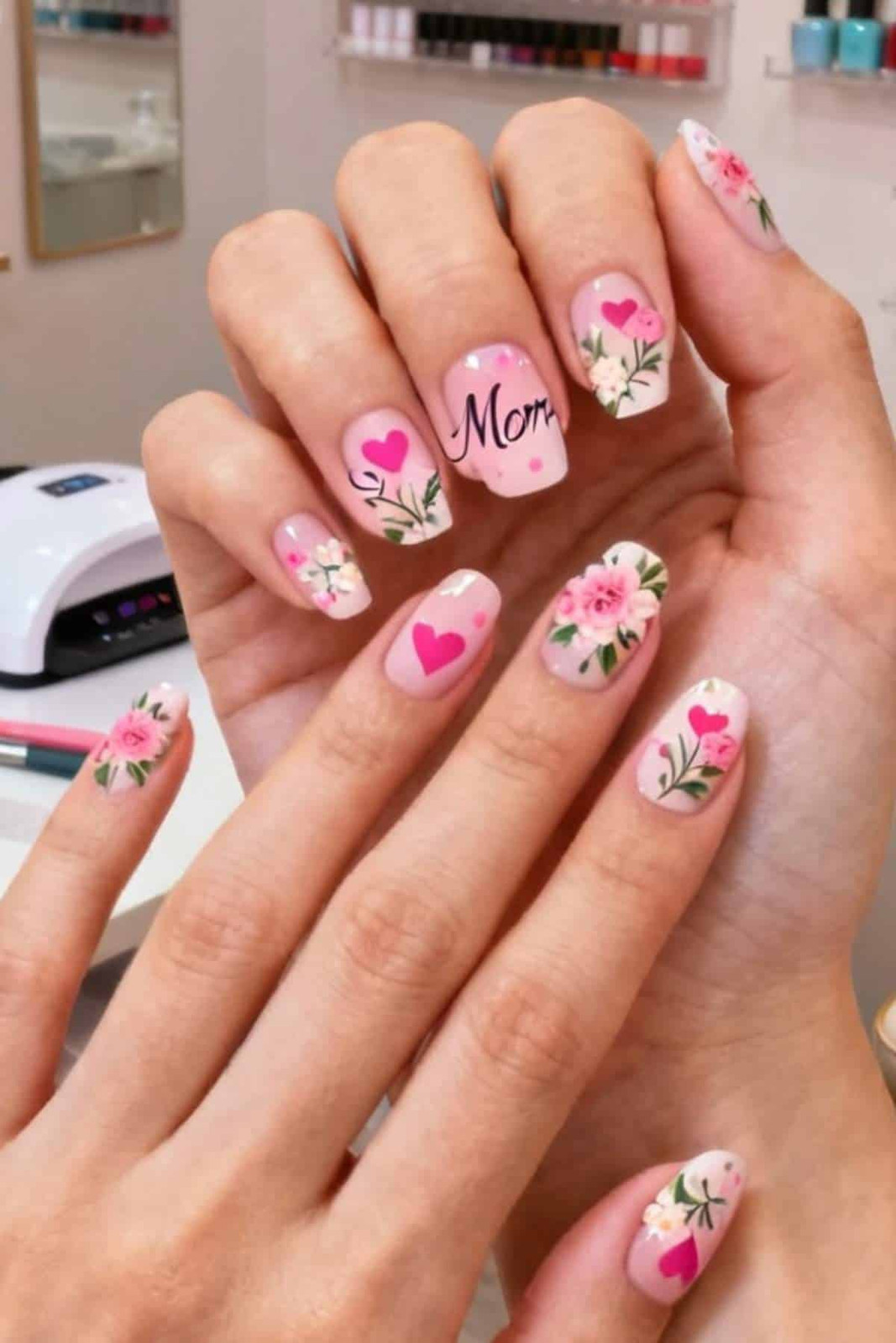 Short Coffin 'Mom' Floral Nails Short Coffin 'Mom' Floral Nails — Cheer Mom Nails