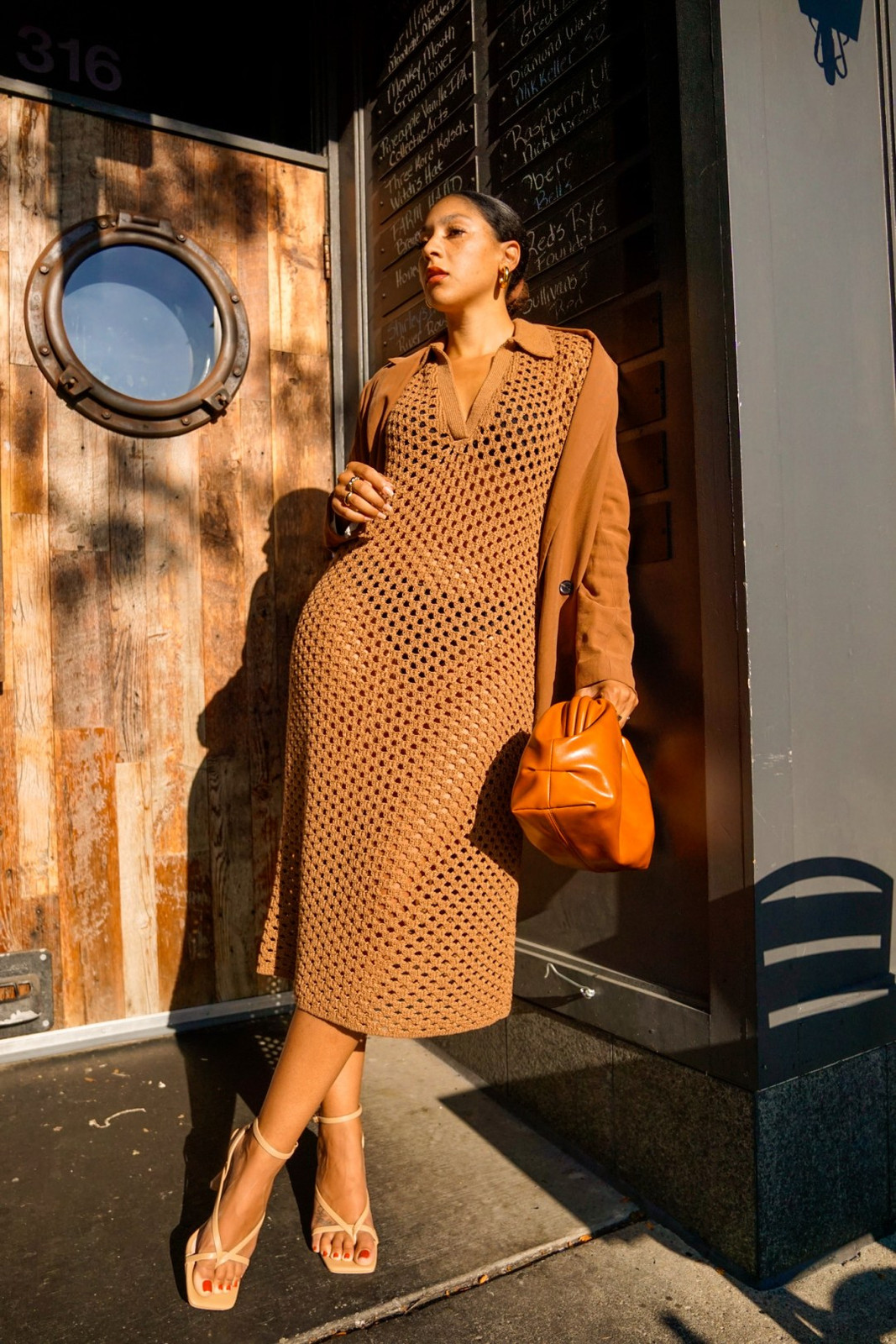 Brown Crochet Knit Midi Dress with Jacket — Dresses for Pear Shape