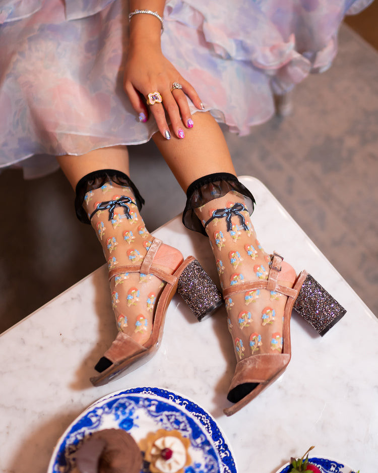 Ruffled Sheer Socks with Glittery Pink Block Heels Ruffled Sheer Socks with Glittery Pink Block Heels — Socks with Heels Outfits