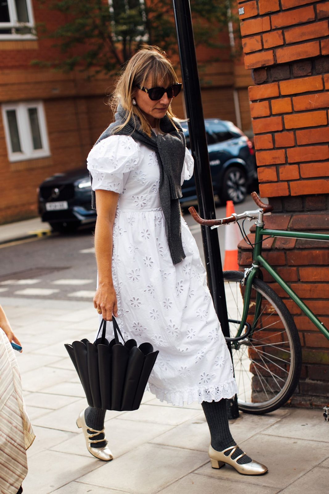 White Broderie Anglaise Midi Dress with Draped Sweater and Mary Janes — Midi Dress Outfits