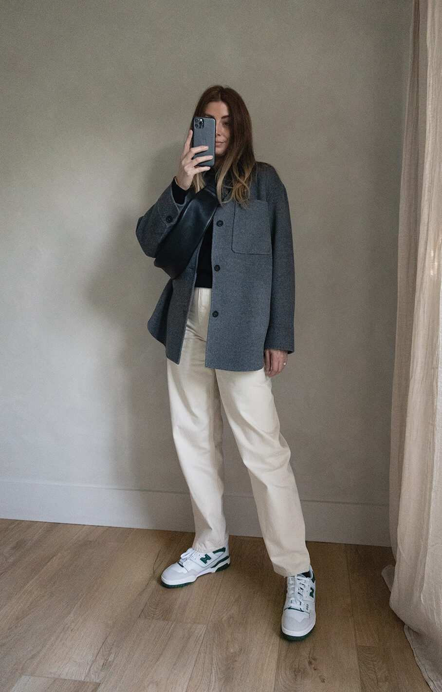 Grey Shacket and Cream Trousers with New Balance 550s Grey Shacket and Cream Trousers with New Balance 550s — New Balance 550 Outfits