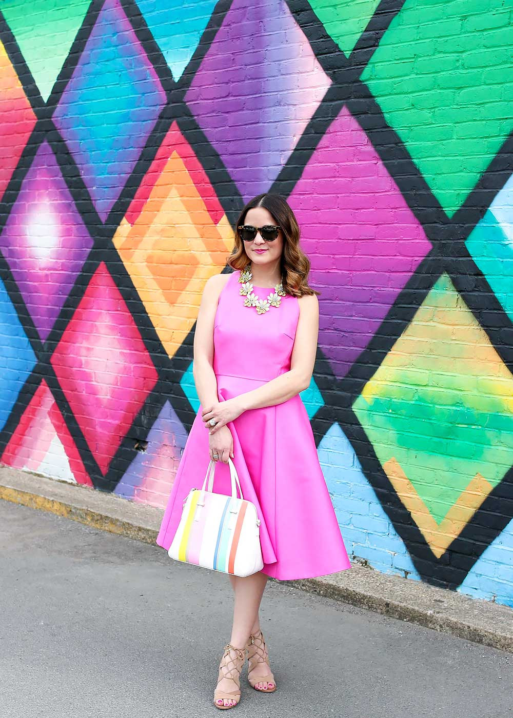 Rainbow-Striped Kate Spade Bag with a Pink Fit-and-Flare Dress Rainbow-Striped Kate Spade Bag with a Pink Fit-and-Flare Dress — Kate Spade Bag Outfits