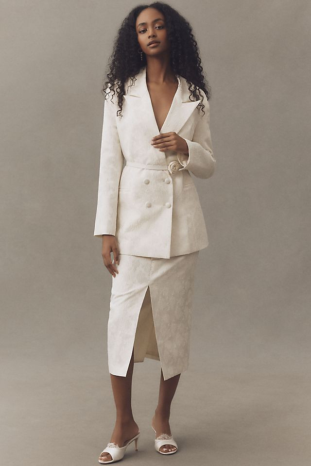 Off-White Jacquard Set with Floral Heels — Anthropologie Outfits