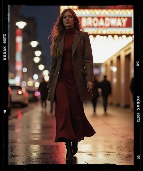 Flowing Burgundy Dress with a Textured Grey Coat Flowing Burgundy Dress with a Textured Grey Coat — Broadway Outfits