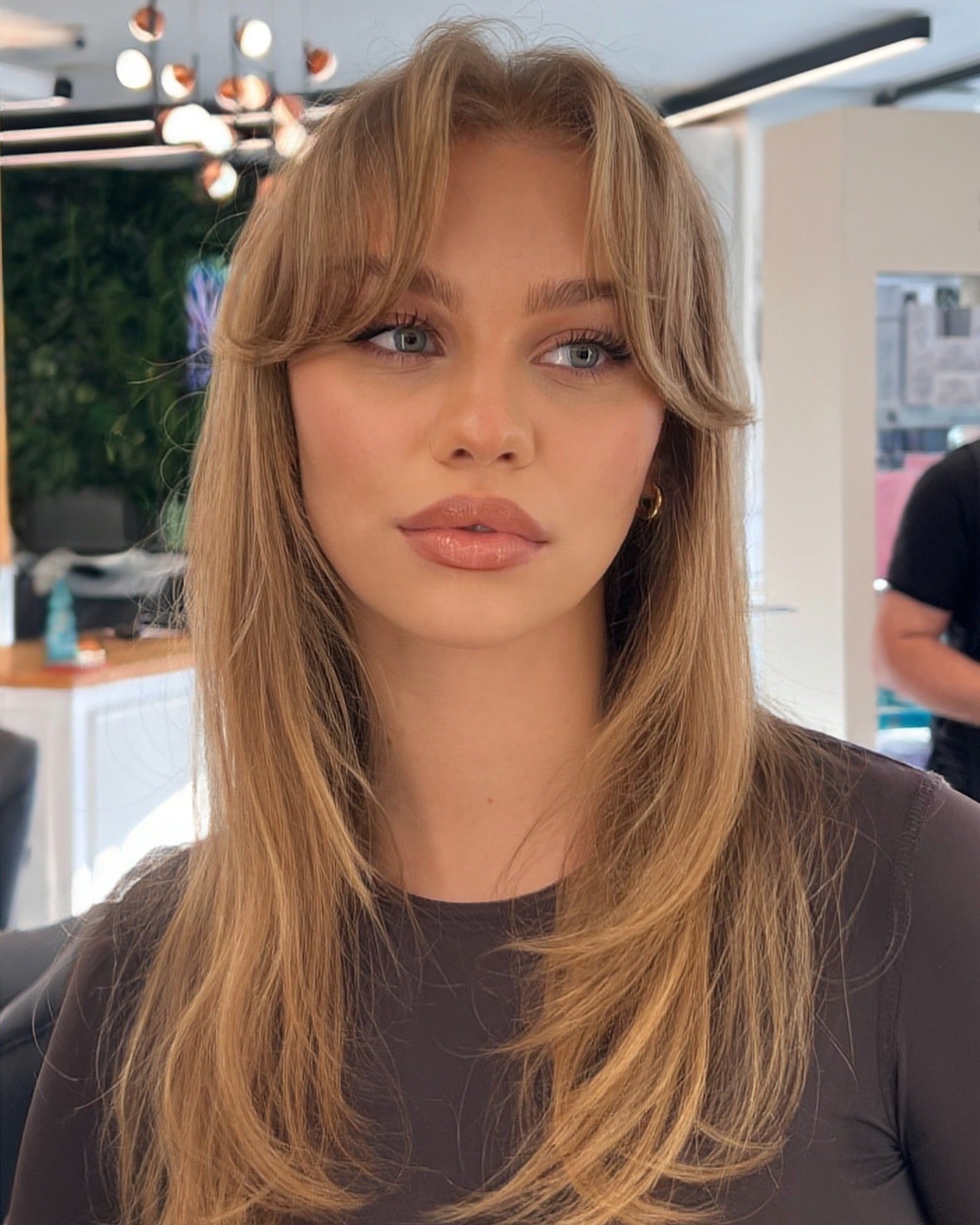 Dark Brown Top with Long Blonde Wispy Curtain Bangs — Wispy Bangs