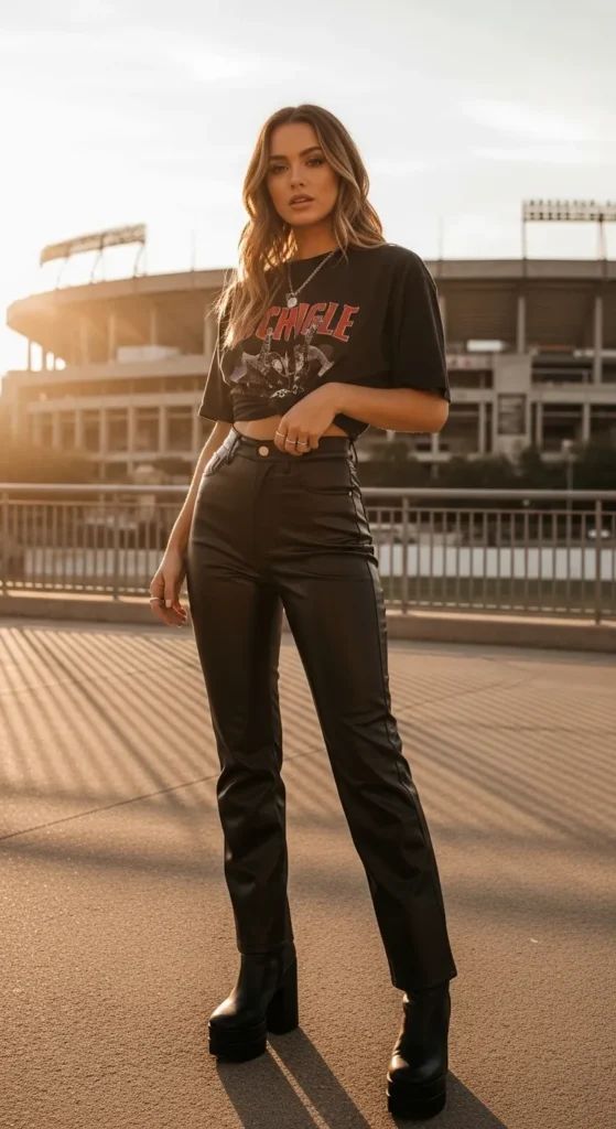 Concert-Ready Band Tee with Faux Leather Pants — Band Tee Outfits