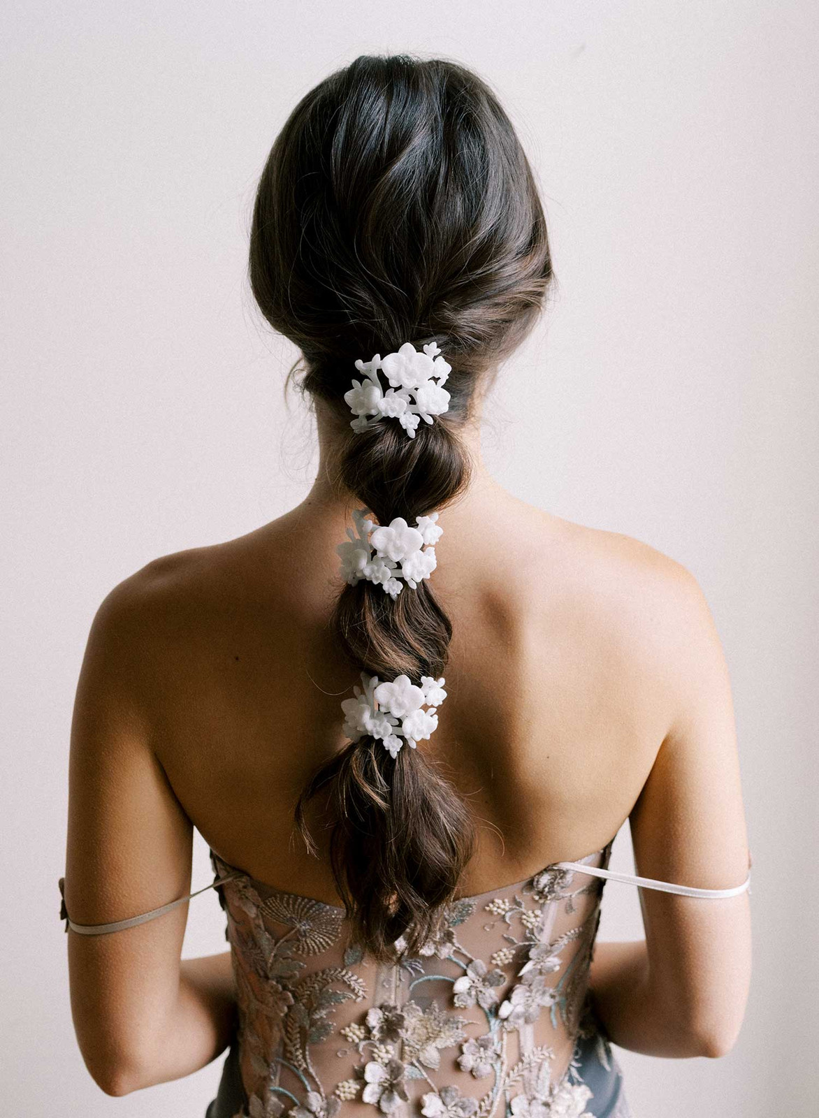 Orchid Branches Ponytail Cuff – Botanical Bridal Hair Accessory | Style #2619 Satin White