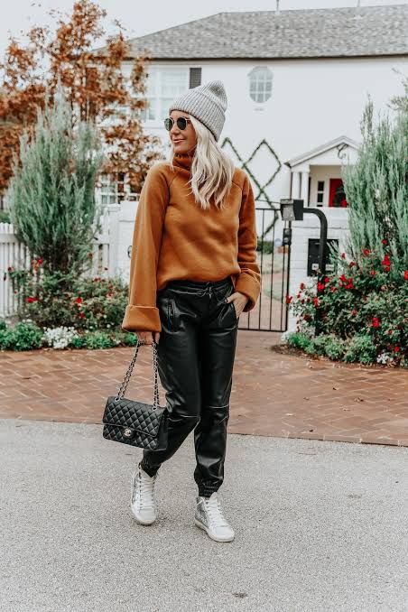 Edgy Black Faux Leather Joggers with Bold Sweater Edgy Black Faux Leather Joggers with Bold Sweater — Jogger Outfits
