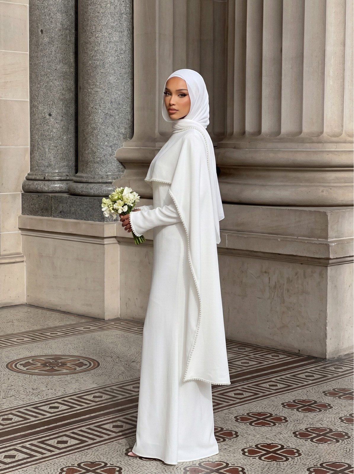 White Gown With Beaded Cape Overlay And Hijab — Formal Hijab Outfits