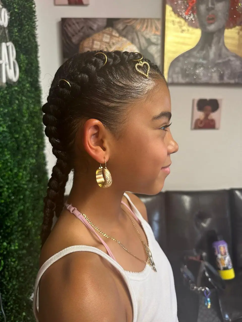 Wavy Black Braided Pigtails with Gold Accents — Kids Braids