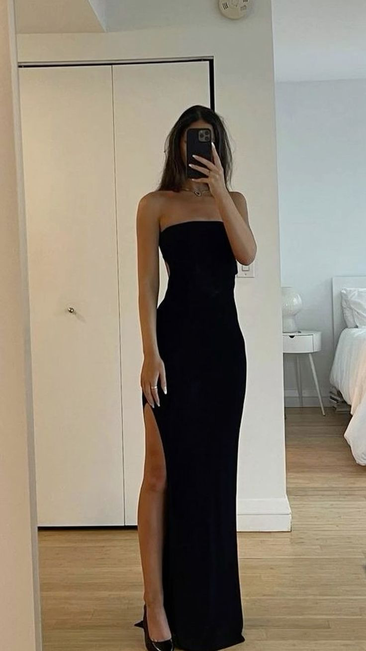 Black Strapless Maxi Dress with High Side Slit — Strapless Dresses